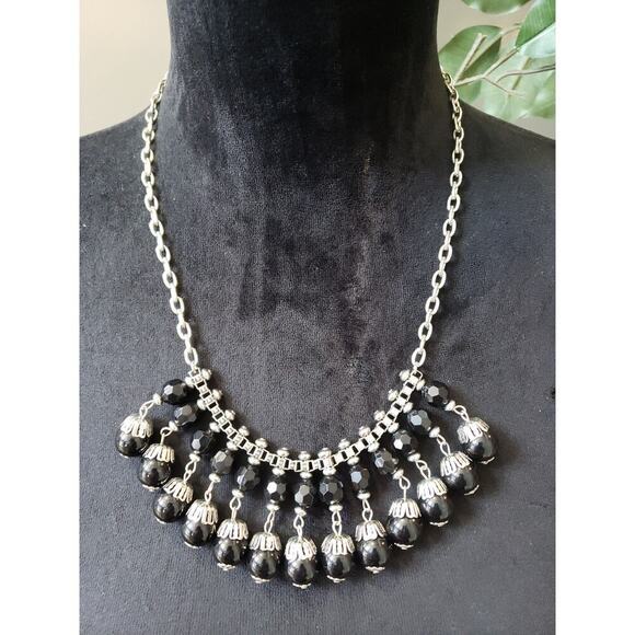 Vintage Black Beaded Necklace Silver Tone Statement with Faceted Drops - Picture 5 of 7